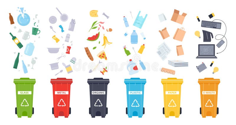 Trash containers. Organic, e-waste, plastic, paper, glass and metal trash containers. Recycling garbage to save the stock illustration