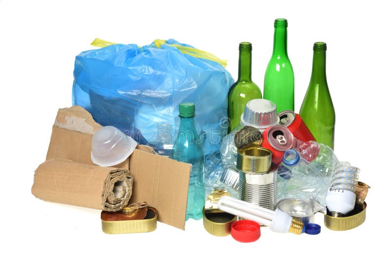 Trash for Recycling with Paper, Glass Bottles, Cans, Plastic Bot Stock
