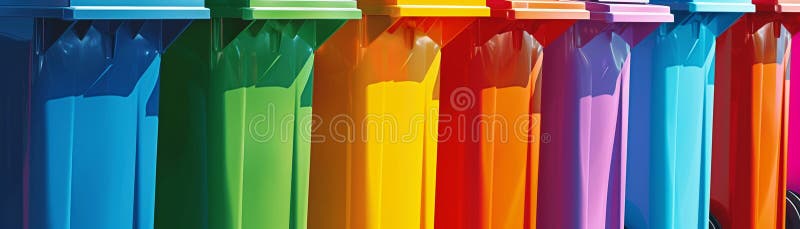 Trash separation bins, vibrant colors, educational poster style , clean sharp focus vector illustration