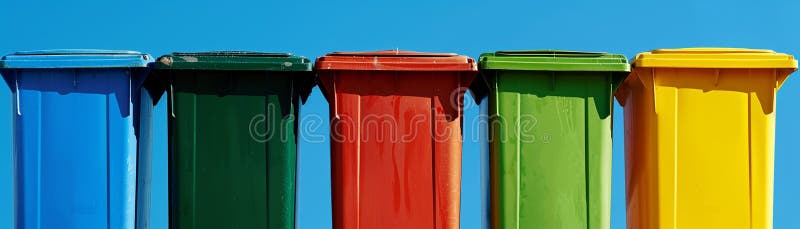 Trash separation bins, vibrant colors, educational poster style , clean sharp focus vector illustration