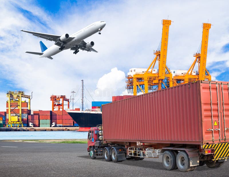 Truck transport container and cago plane flying above ship port with working crane loading bridge in shipyard for logistic import export concept. Truck transport container and cago plane flying above ship port with working crane loading bridge in shipyard for logistic import export concept