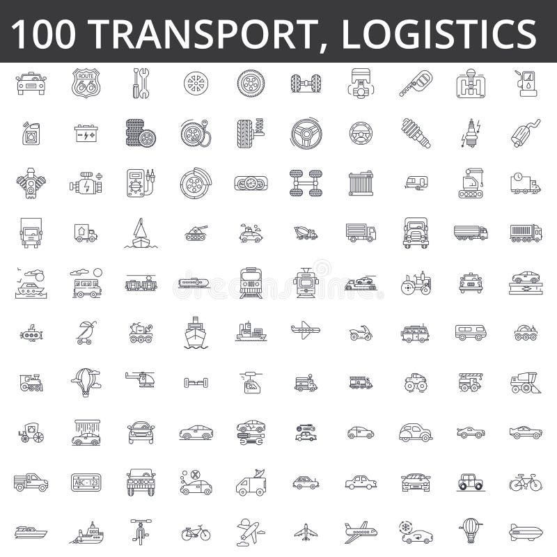 Trasporto, automobile, logistica, veicolo, trasporto pubblico, bus, tram, nave, trasporto, servizio automatico, linea icone del c illustrazione di stock Trasporto, automobile, logistica, veicolo, trasporto pubblico, bus, tram, nave, trasporto, servizio automatico, linea icone del c illustrazione di stock