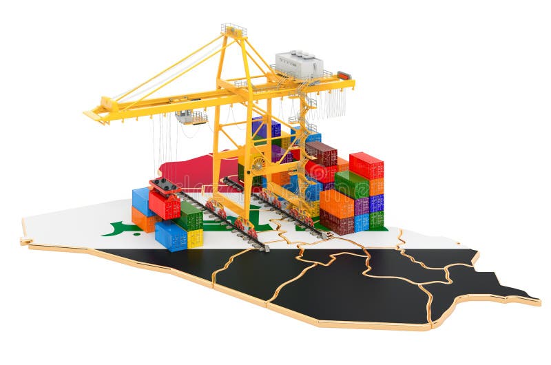 Trasporto di merci in iraq. gru a porto con container sulla cartina irachena 3d rendering illustrazione vettoriale