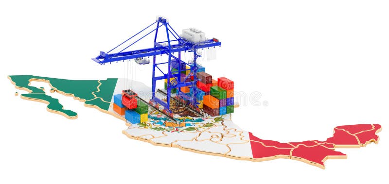 Trasporto merci in messico. gru portuali con container sulla mappa messicana 3d illustrazione vettoriale