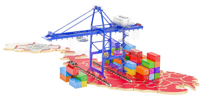 Trasporto merci nel concetto di malta. gru portuali con container di carico sulla mappa maltese 3d illustrazione vettoriale