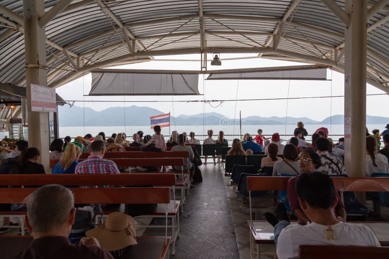 Trat,Thailand-April 1,2019:Car ferry ,many tourists and people use the ferry service to Koh Chang,the top of the ferry is a place