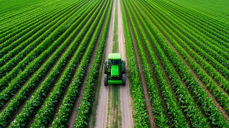 Trattore verde in vista aerea di cornfield illustrazione di stock