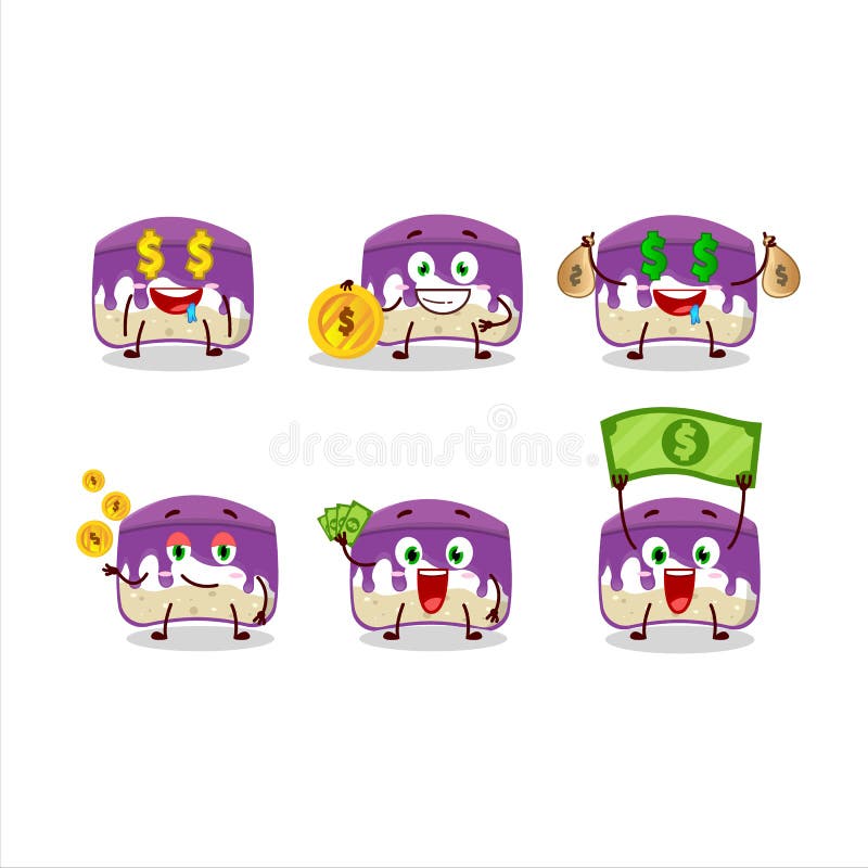 Trauben Kuchen Cartoon-Charakter mit niedlichen Emoticon bringen Geld stock abbildung