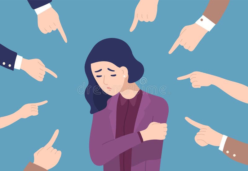 Traurige oder deprimierte junge Frau umgeben durch Hände mit den Zeigefingern, die auf sie zeigen Konzept der Steppdecke, Anklage lizenzfreie abbildung Traurige oder deprimierte junge Frau umgeben durch Hände mit den Zeigefingern, die auf sie zeigen Konzept der Steppdecke, Anklage lizenzfreie abbildung