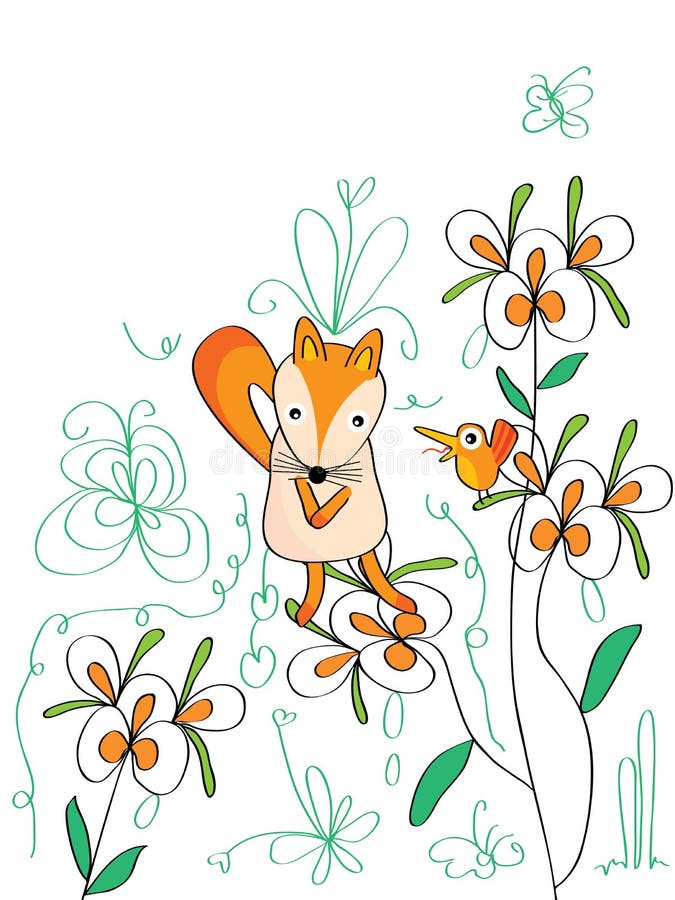 This illustration is sad fox, bird open mouth ask fox, can I help you, all very kindness on white color background. This illustration is sad fox, bird open mouth ask fox, can I help you, all very kindness on white color background.