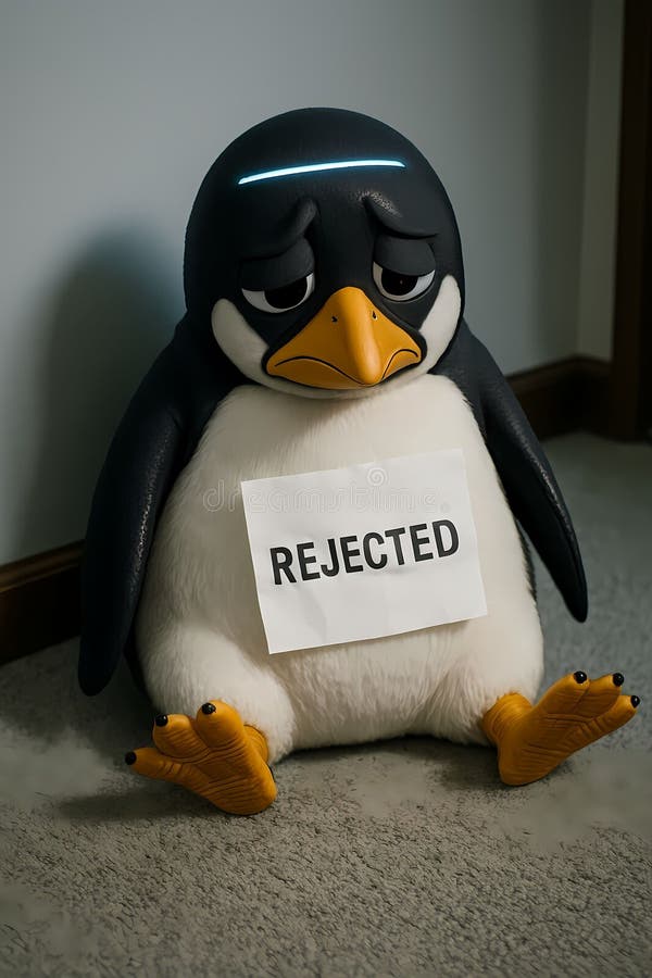 Trauriger Penguin gegen Wand mit REJECTEDPoster lizenzfreie abbildung