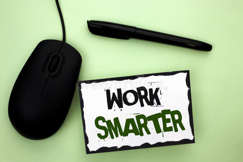 Text sign showing Work Smarter. Conceptual photo Efficient Intelligent Job Task Effective Faster Method written Sticky Note Paper the plain background Pen and Mouse next to it. Text sign showing Work Smarter. Conceptual photo Efficient Intelligent Job Task Effective Faster Method written Sticky Note Paper the plain background Pen and Mouse next to it.
