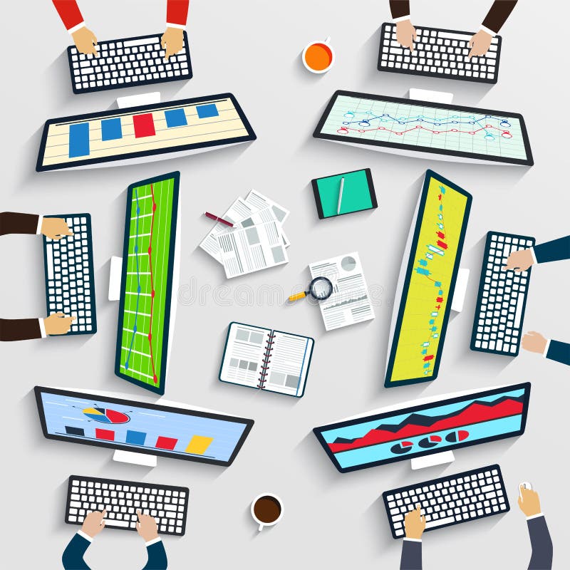 Travail d'équipe à la table, stratégie commerciale, statistique, analytics de Web illustration de vecteur Travail d'équipe à la table, stratégie commerciale, statistique, analytics de Web illustration de vecteur
