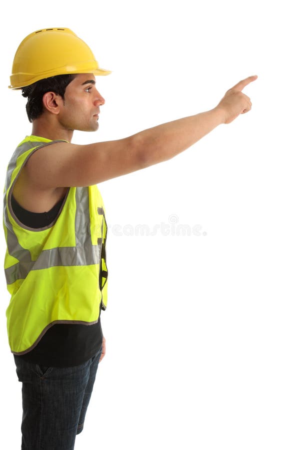 Travailleur de la construction ou constructeur dirigeant le doigt photos stock Travailleur de la construction ou constructeur dirigeant le doigt photos stock