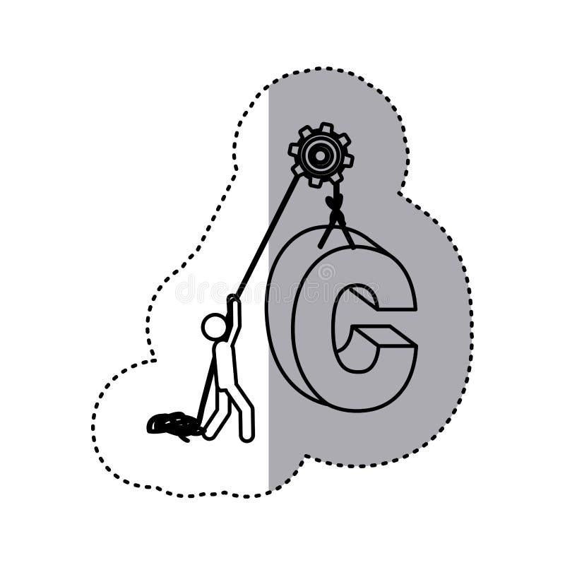 travailleur de silhouette d'autocollant avec la poulie tenant le mot c illustration libre de droits travailleur de silhouette d'autocollant avec la poulie tenant le mot c illustration libre de droits