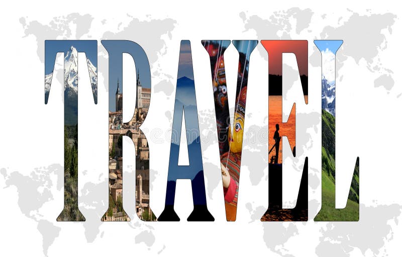 Travel concept with filled letters and world silhouettes as a backdrop