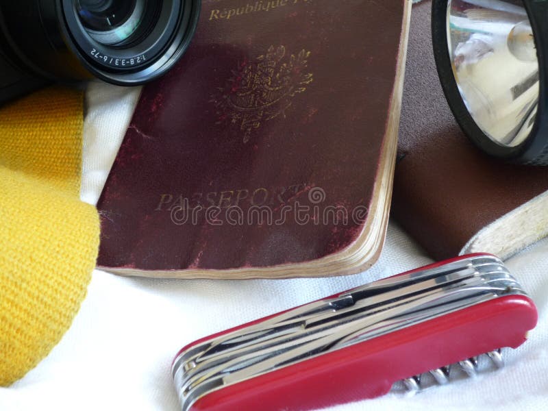 Camera, french passport, knife, lamp and diary. Adventurer adventure stock images, royalty-free photos and pictures
