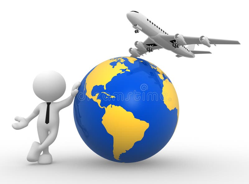 3d people - man, person with an airplane and earth globe. Concept of travel.