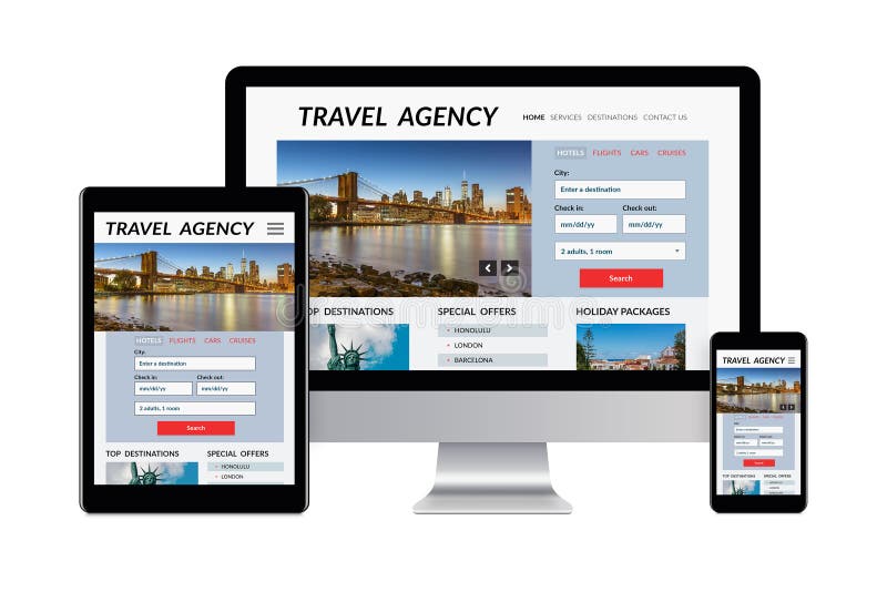 Travel Agency Concept on Laptop Screen on Modern Desk Stock Photo