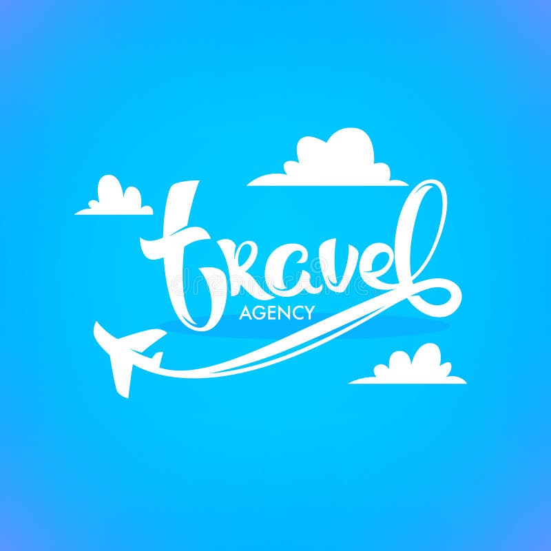 Travel Agency Lettering Logo with White Clouds and Plain on Blue Stock ...