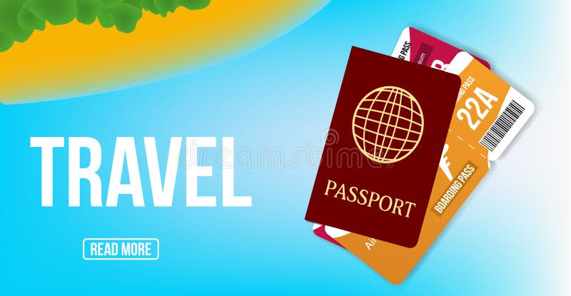 Travel agency promo banner. Poster design with passport, and tickets. Vector background. stock illustration Travel agency promo banner. Poster design with passport, and tickets. Vector background. stock illustration