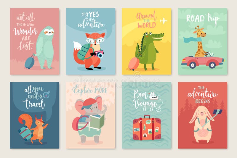 Travel Animals card set, hand drawn style, stock illustration Travel Animals card set, hand drawn style, stock illustration