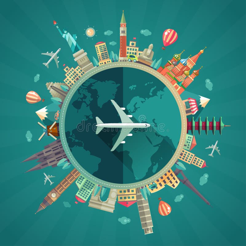 Illustrazione vettoriale di design piatto di viaggio composizione con i famosi punti di riferimento icone in giro per il pianeta.