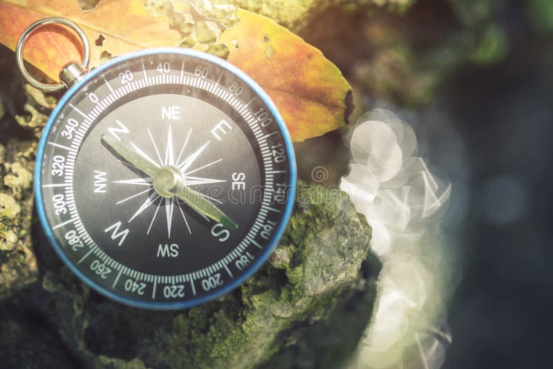 Travel background, compass on ground with leaf in nature with sunlight. Success concept. stock photo Travel background, compass on ground with leaf in nature with sunlight. Success concept. stock photo