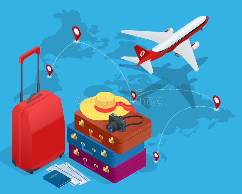 Travel bags, passport, foto camera and travel ticket and airplane in sky. Isometric flat 3d vector illustration.