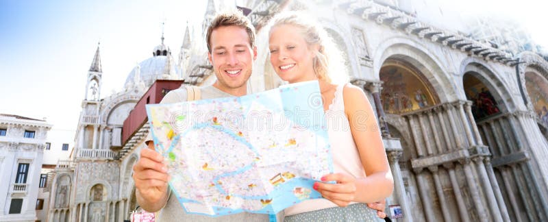 Travel banner, couple reading map in Venice, Italy