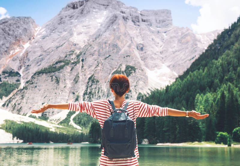 Travel on Braies Lake Lago Di Braies in Dolomites, Italy, Euro