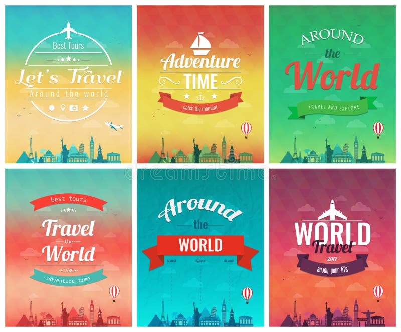 Travel brochure with world landmarks. Template of magazine, poster, book cover, banner, flyer. Vector