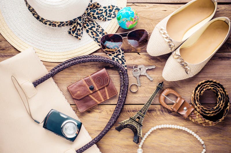 Travel Clothing Accessories Apparel Along for the Trip. Stock Photo