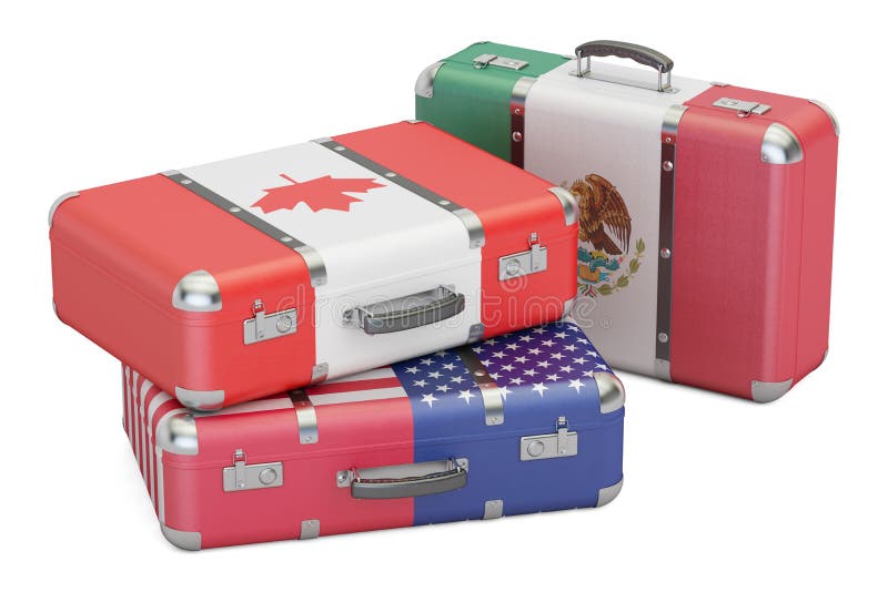 Travel concept, suitcases with flags of USA, Canada and Mexico. vector illustration