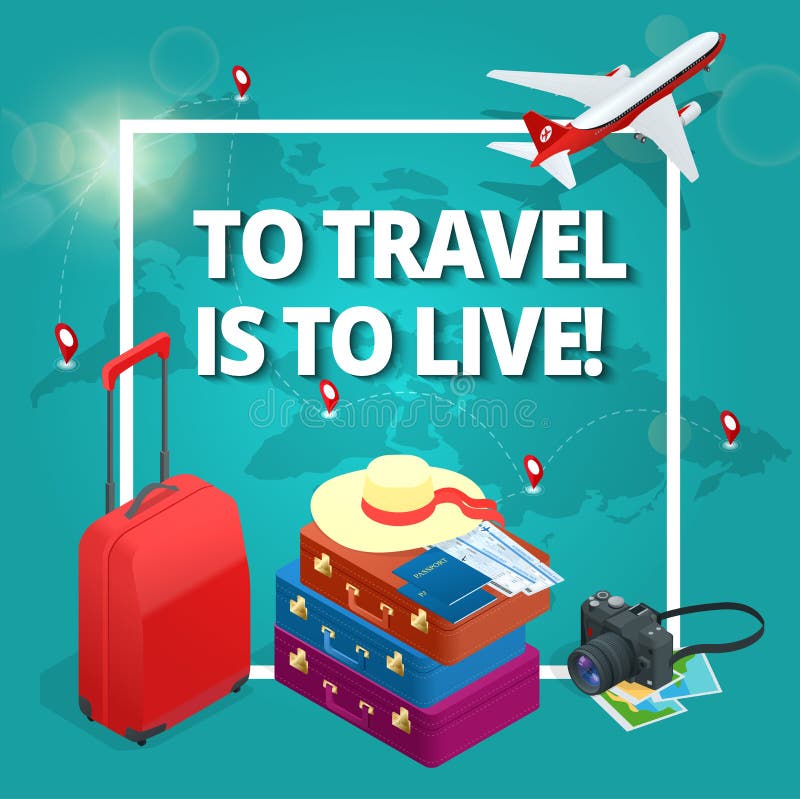 Travel concept. Travel bags, passport, foto camera and travel ticket and airplane in sky. Isometric flat 3d vector illustration