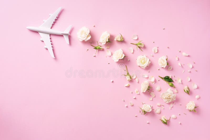 Travel Concept With White Plane And Flowers, Petals On Pink Background. Top View, Flat Lay. Copy Space. Trip, Vacation Concept