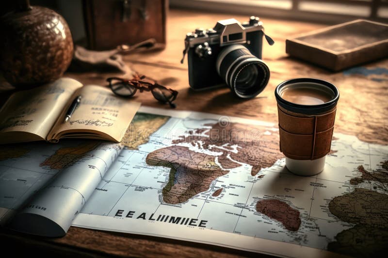 Travel Concept on Wooden Table. Vacation Concept Background. AI