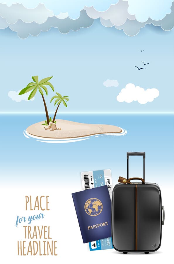 Desert island with palm trees in sea under blue sky with clouds and suitcase with passport and airplane ticket - travel concept with copy space. Vector illustration. Desert island with palm trees in sea under blue sky with clouds and suitcase with passport and airplane ticket - travel concept with copy space. Vector illustration.