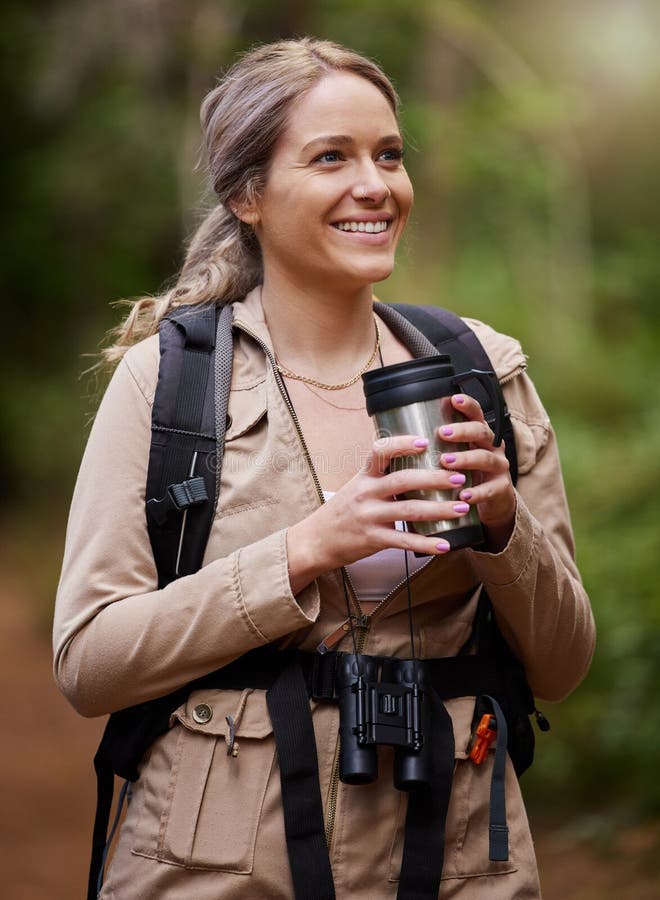 Travel, Forest and Woman with Coffee for Hiking Journey, Jungle ...