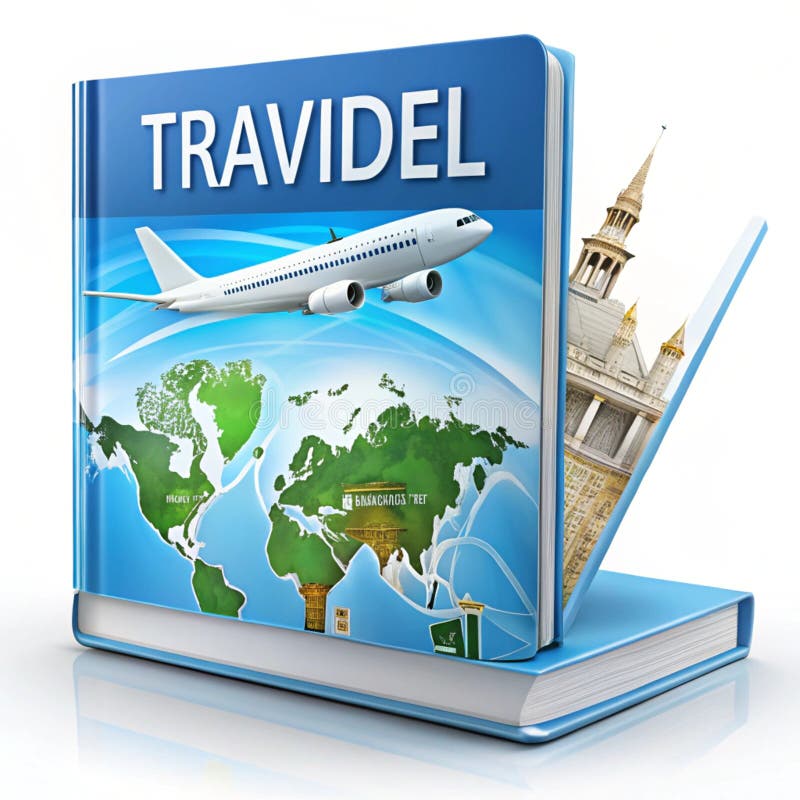 Travel guidebook featuring famous world landmarks and airplane icon, ideal for travelers exploring international destinations stock illustration