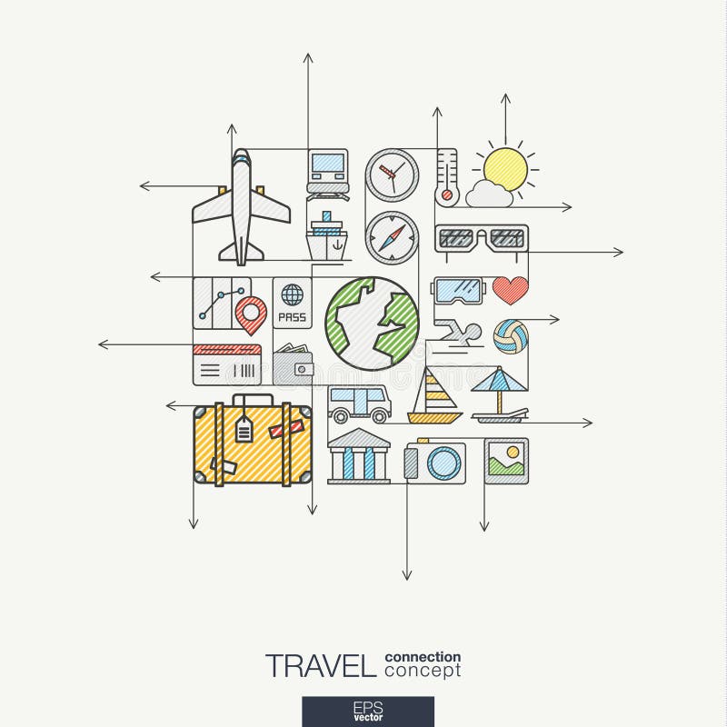 Travel integrated thin line symbols. Modern color vector concept