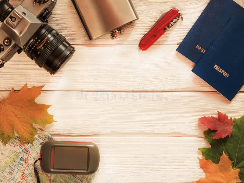 Travel items for trip with retro camera, map, passports, GPS and royalty free stock images Travel items for trip with retro camera, map, passports, GPS and royalty free stock images
