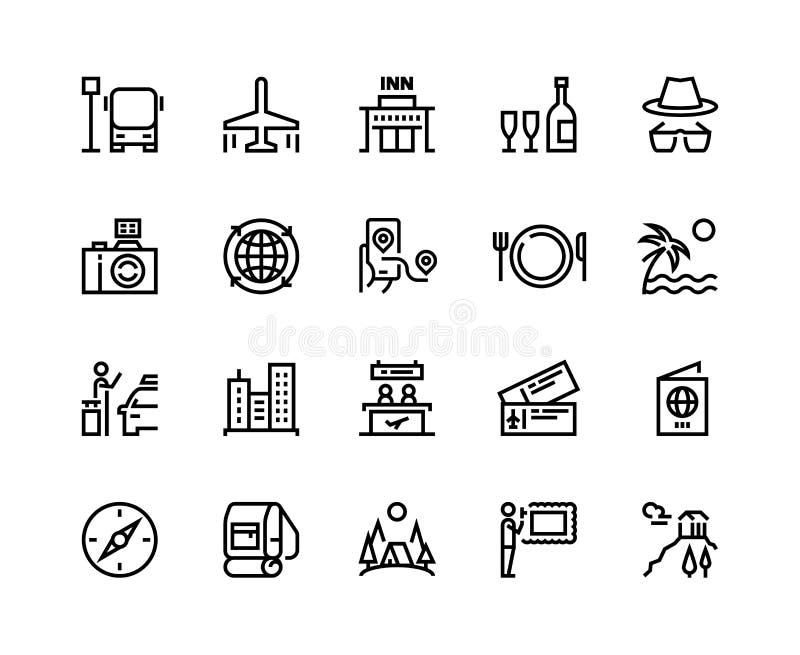 Travel line icons. Vacation plane tourism summer airplane luggage forest adventure, museum restaurants and shopping tour vector illustration
