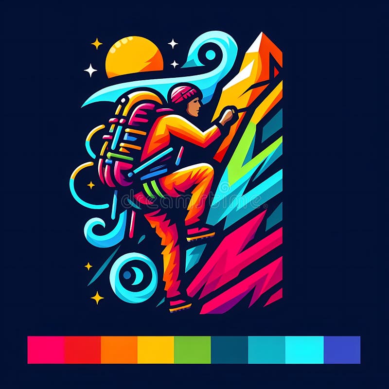 Travel logo. A climber climbs a mountain overcoming all obstacles. Line art stock illustration