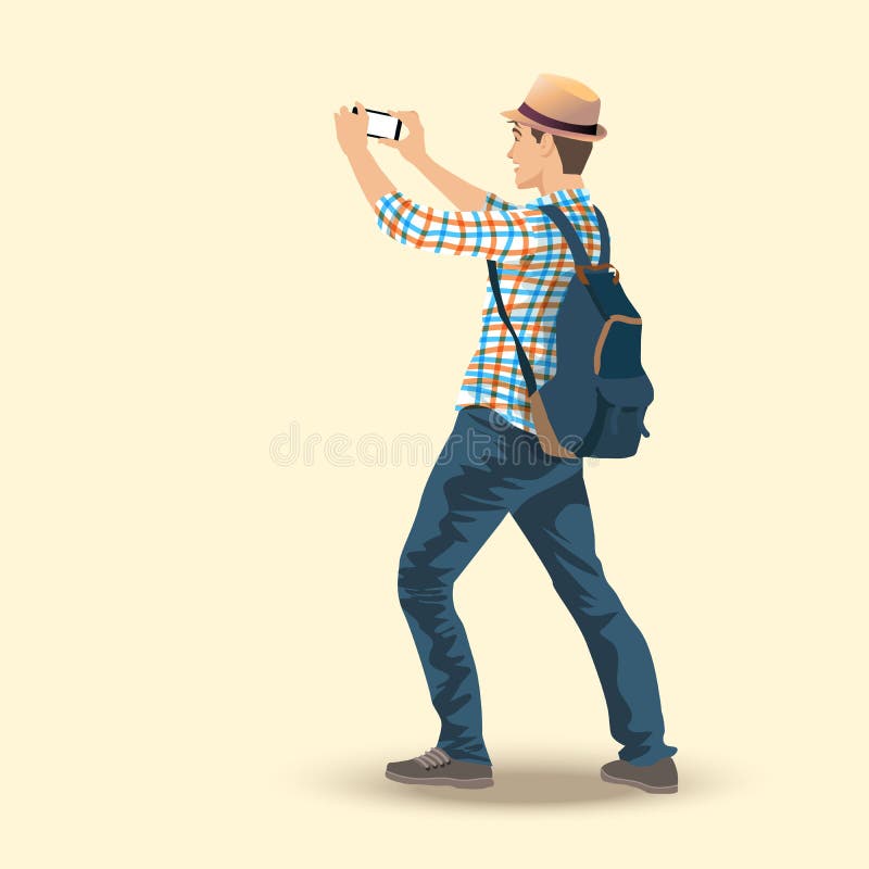 Travel photo concept of handsome young man taking pictures with his camera phone. vector, illustration