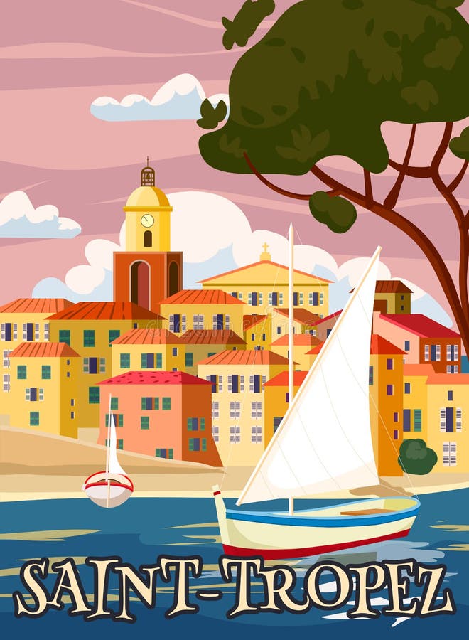 Travel Poster Saint-Tropez France, Old City Mediterranean, Retro Style ...