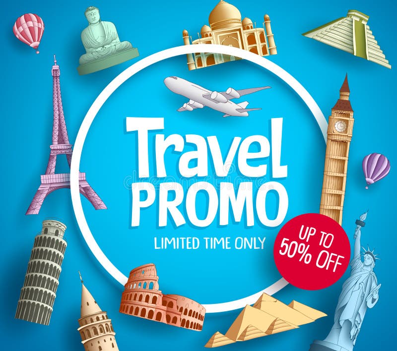Travel promo vector banner promotion design with tourist destinations stock illustration Travel promo vector banner promotion design with tourist destinations stock illustration