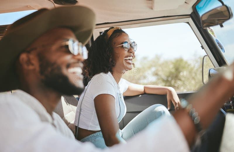 Travel, road trip and black people couple driving by countryside for holiday, journey and freedom with happiness. Trendy