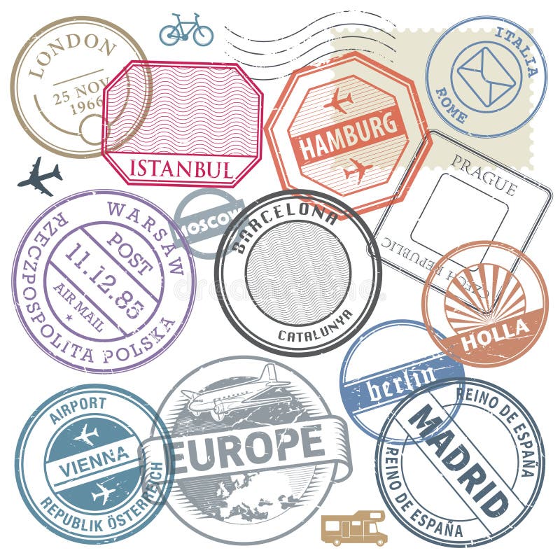 Viaggio francobolli O avventura simboli impostato Europa argomento, vettore illustrazioni.