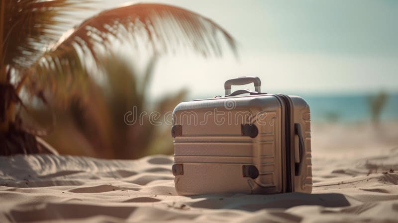 Travel Suitcase on Tropical Beach with Sunny Sea and Palm Leaves Stock ...